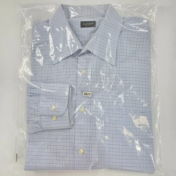 Quiet Luxury Valentino Roma Dress Shirt Men 17.5 Blue Check Italian - Picture 14 of 14